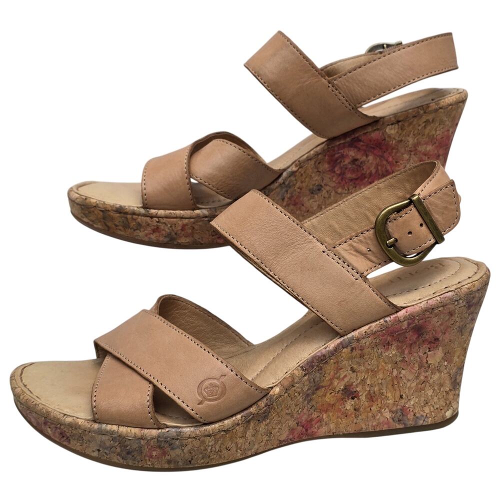 Born Nude Leather Floral Cork Wedge Sandals Women's Shoes 9M